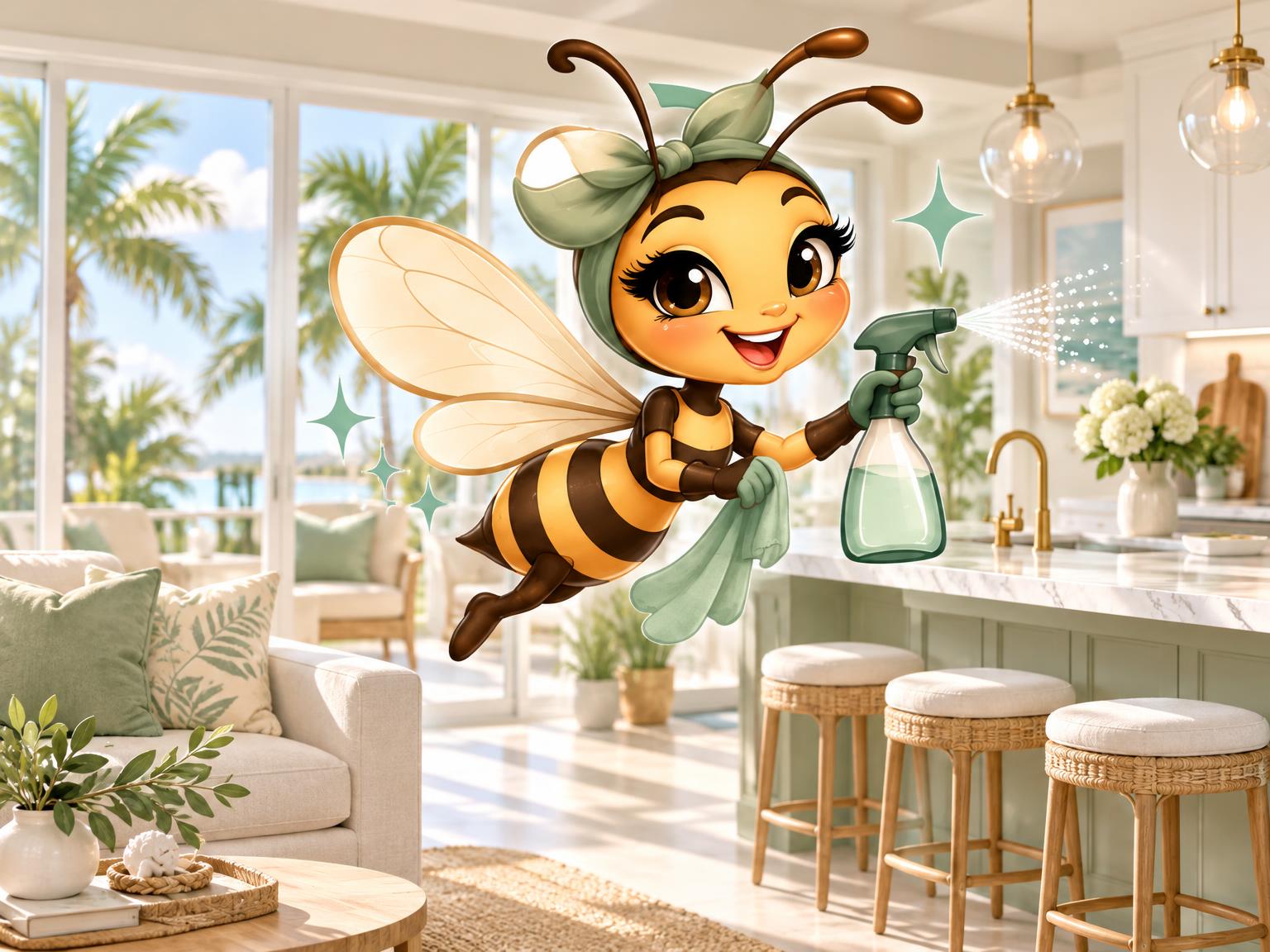 Bea, the Nice & Easy Clean bee, cleaning a bright Florida home
